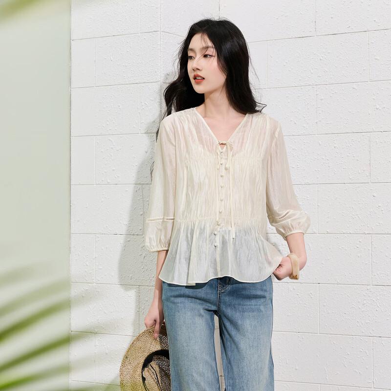 SANCITY Acetate Pleated V-Neck Lantern Sleeve Top