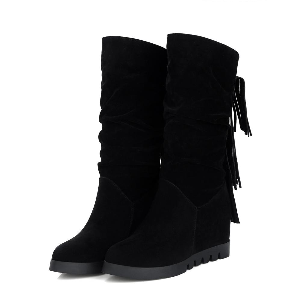 New Inner Water Platform Wedge Heel High Heel Casual Boots Medium Tube Fringed Boots Cotton Boots Large Size Boots