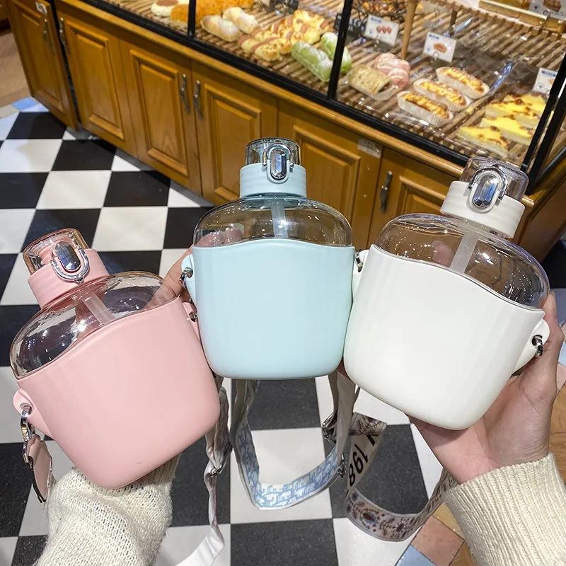 700ml Cute Water Bottle Big Belly With Straw Strap Creative Cup Portable Plastic Kids Girls Water Cup Drinkware Sport Outdoor