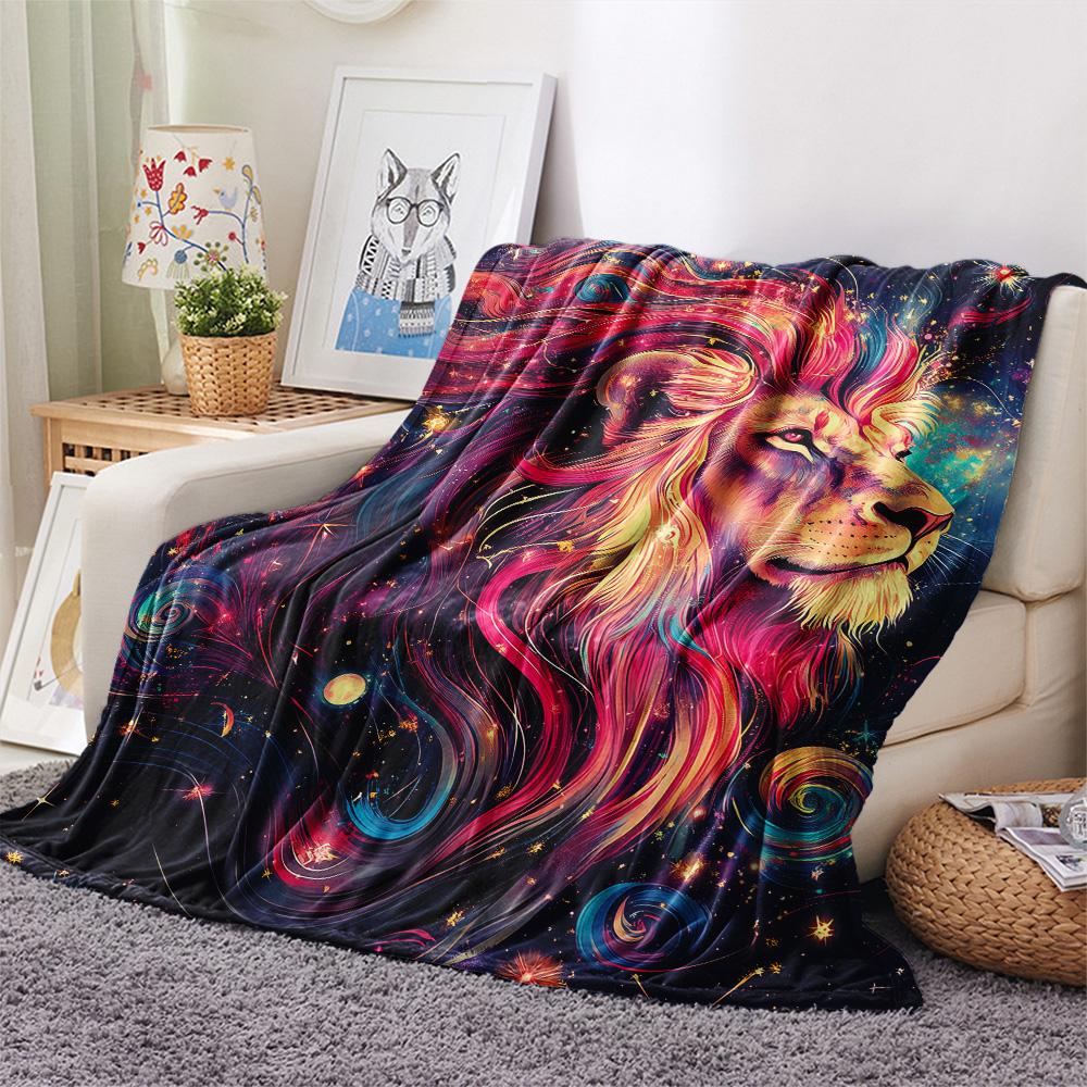 Starry Sky Lion Print Flannel Blanket, High quality Comfortable for All Seasons, Home Decor, Warmth and Comfort