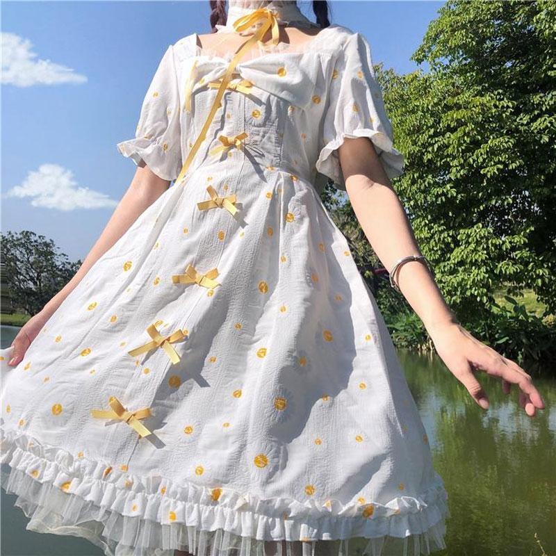 Daisy Sweet Big Bow Midi Dress Ruffles Summer Japan Style Lolita Women's Clothing Stylish Square Collar Waist Elastic Dresses
