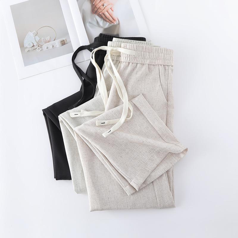 Women's Cotton Linen Wide-Leg Pants - 2025 Spring/Summer, Loose Fit, Slimming Drape, Elastic Waist, Casual Straight-Leg Trousers