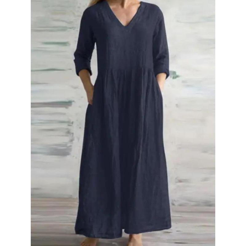 Neues Damen Freizeit V-Ausschnitt Halbarm Locker Langes Maxi Kleid Schlichter Stil Baumwolle Leinen Frühling Herbst Vestido Damenkleid