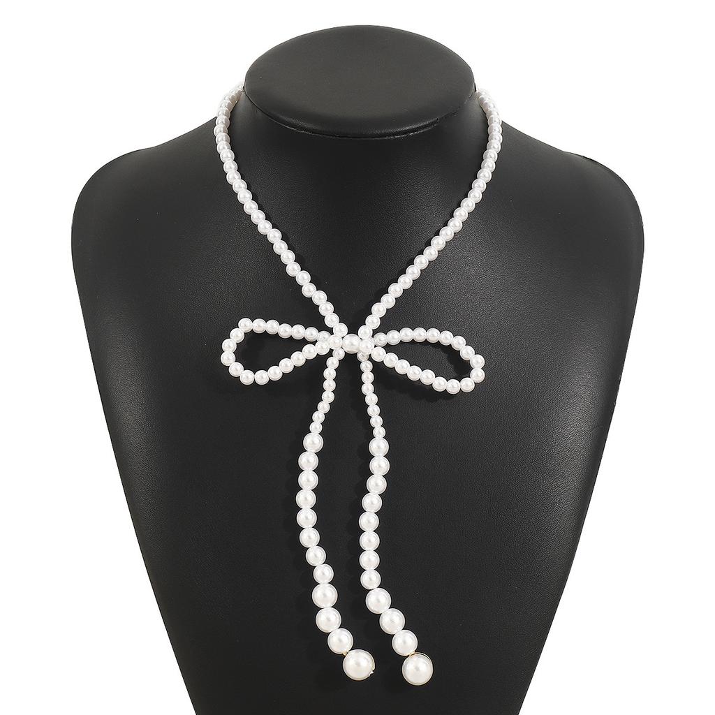 N12285 popular pearl bow necklace women, light luxury elegant layered (faux) pearl