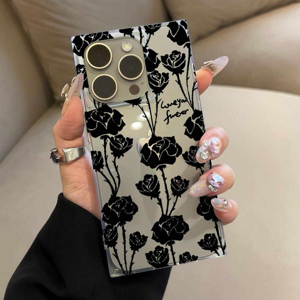 Transparent Square Back Tube Case Casing Protection For iPhone 13 15 Plus 11 12 16 ProMax 14 Pro Max Anti-Oxygen,Bramble Rose Pattern
