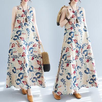 Real Summer New Literary Loose Cotton and Linen Printing Round Neck Sleeveless Dress Women's Medium and Long