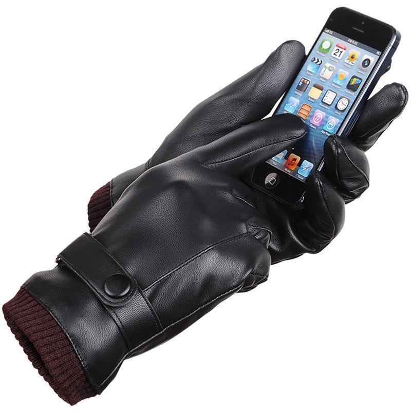Men's Leather Gloves Autumn and Winter Thickened Velvet Warm Windproof Waterproof Touch Screen Outdoor Riding Motorcycle Cotton Gloves