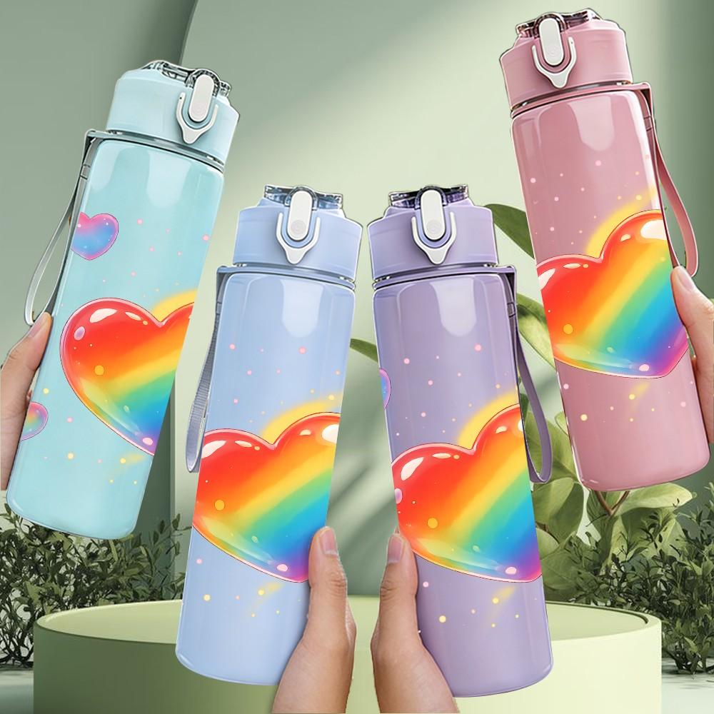 1PC Rainbow Gradient Heart Love Print 750ml Color Plastic Sports Water Bottle Leakproof Flip Straw Lid Suitable for Sports Office Home Use