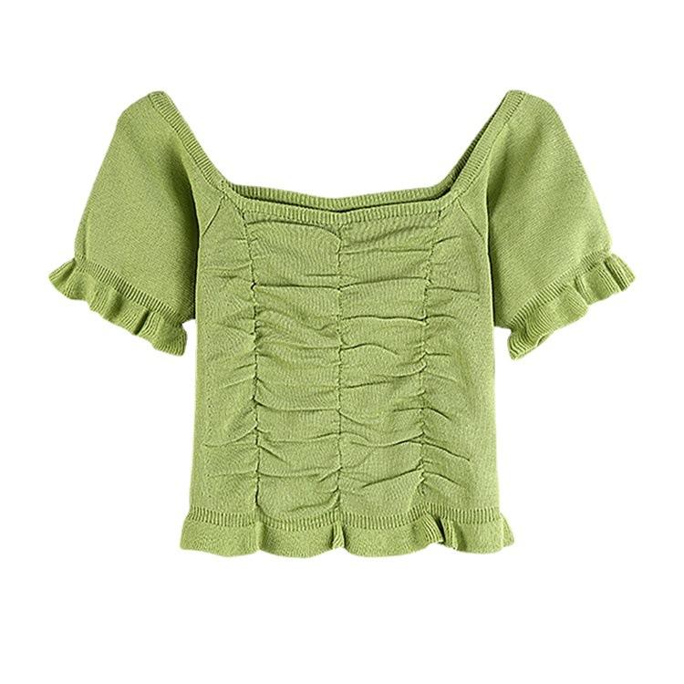 Damski sweter dzianinowy z krótkim rękawem i kwadratowym dekoltem Damska letnia dopasowana koszulka bazowa Krótkie topy Casualowy niezbędnik Styl komfortowy Dopasowany krój Pulowery T-shirty