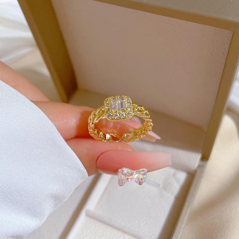 Real Gold Electroplated Open Square Women'S Fashion Slightly Inlaid Light Luxury Ring Index Finger Ring Of The Same Cold Wind