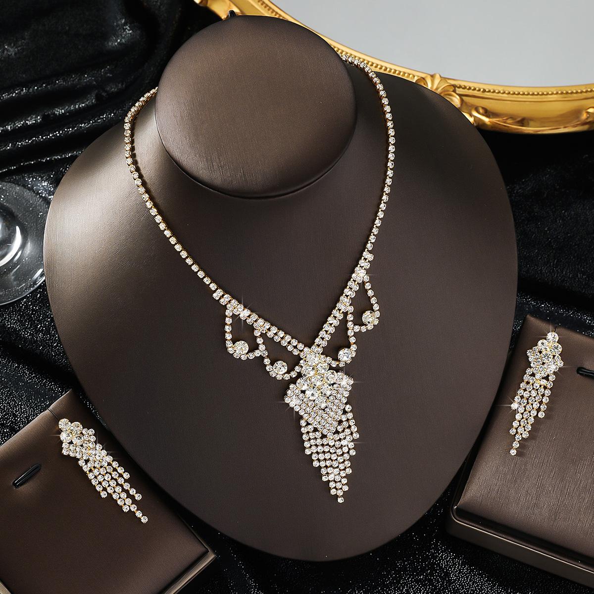 

3PC Women s Fashion Design Geometric Tassel Necklace Earrings Zircon Set, Suitable for Wedding, Party, Festival Gifts