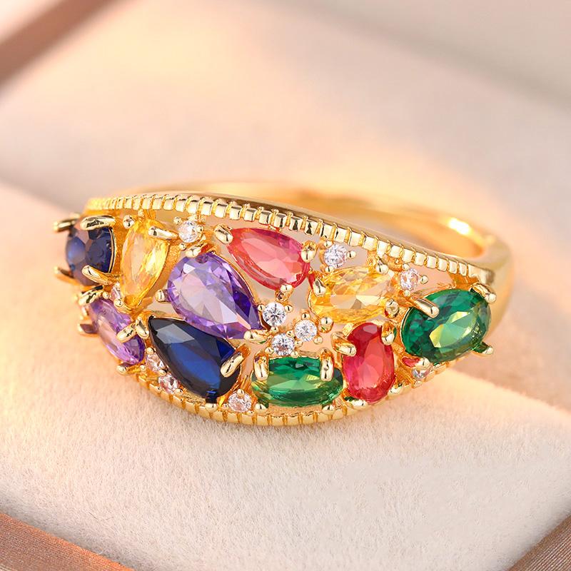 Exquisite Inlaid Multicolored CZ Women's Ring Trendy Gold Color Geometry Daily Wear Party Jewelry Anniversary Gift
