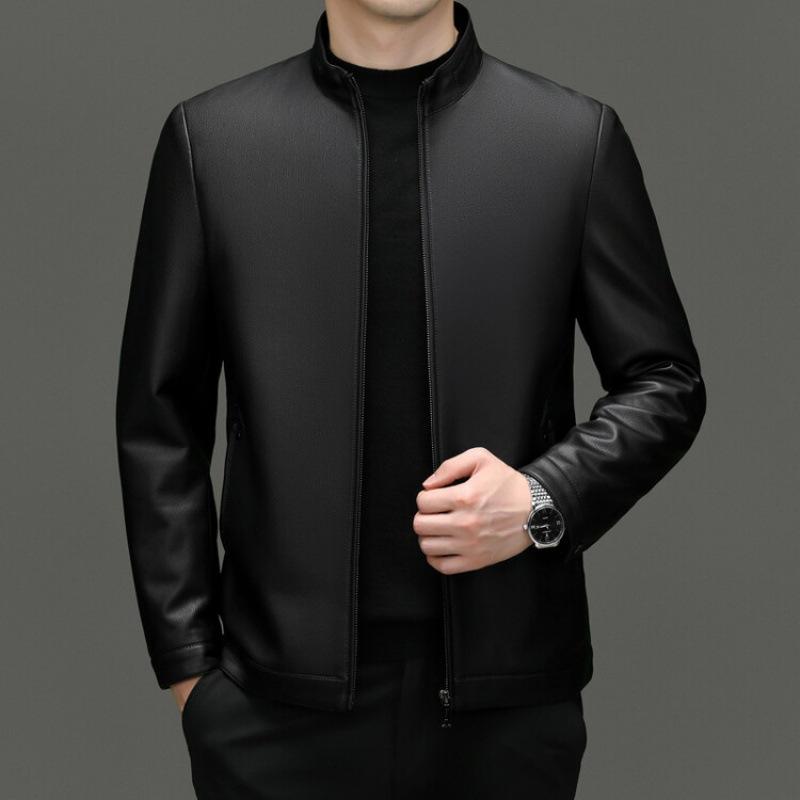 Leather Jacket Middle-aged Men's Loose Stand-up Collar Motorcycle Jacket Autumn and Winter New Business Casual Leather Jacket for Men