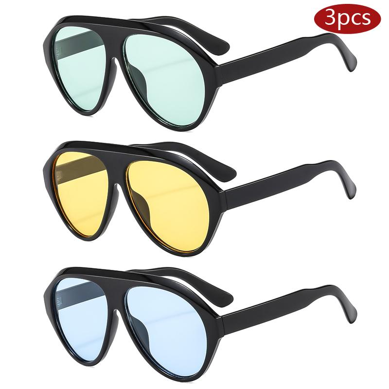 

Cycling 3pcs Vintage Women Flat Top Oval High Quality Sunglasses Trendy Large Frame Pilot Sun Glasses Candy Color Sun Glasses