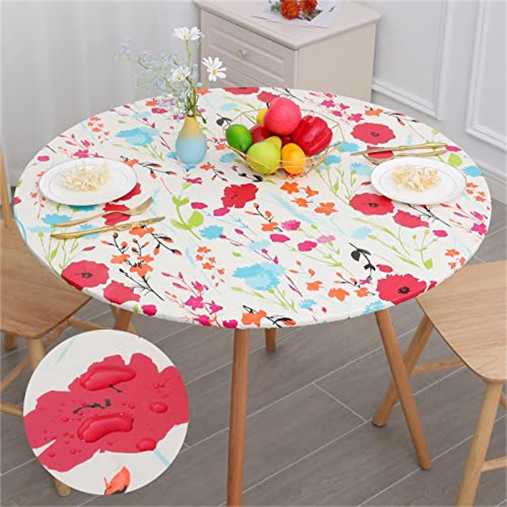 Olanly Elastic Round Table Cloth Fitted Flannel Backed Vinyl Tablecloth Waterproof Wipeable Dining Table Covers For Camping