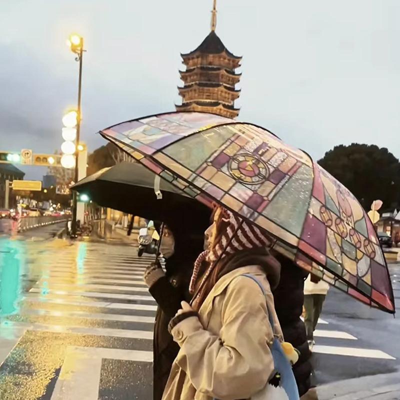 British Wind Rainforest Arch Transparent Umbrella Stained Glass Transparent Umbrella Long Handle Automatic Romantic Parasol