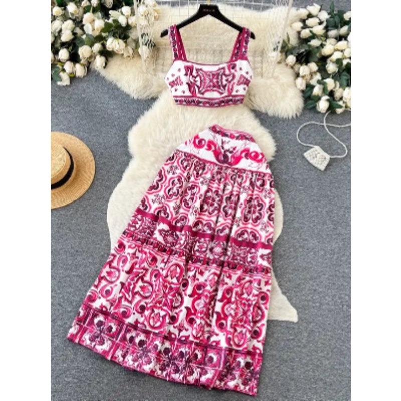 Women's Celadon Printed Set Summer Waistless Camisole Vest High Waist Mid-Length Halter Skirt Suit