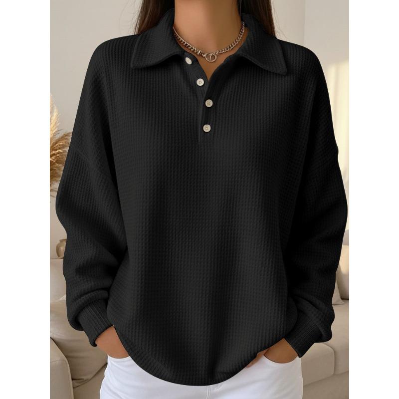 Loose Solid Color Turn Down Collar Waffle Long Sleeve Women Casual Polo Shirt