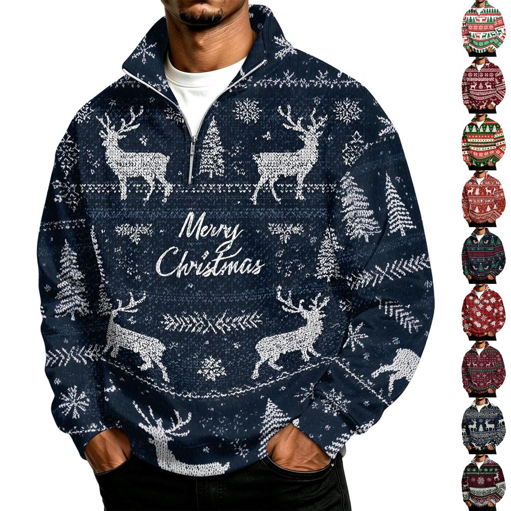 Men's Sweatshirt with Stand Collar Christmas Print Pullover for Casual Wear