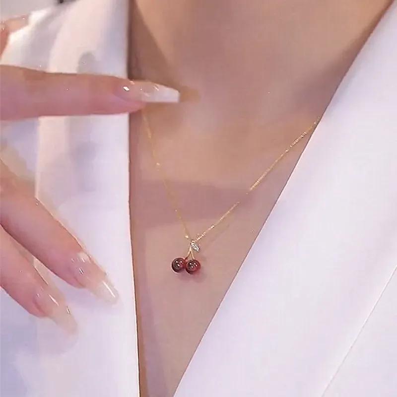Little Wine Red Cherry Pendant Necklaces For Women Fashion Personality Fruit Golden Chain Necklace Party Zircon Birthday Gifts