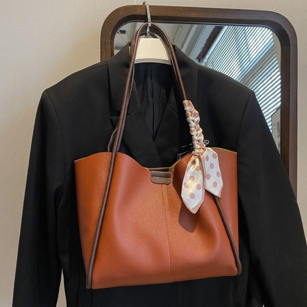 Tote Bag Women PU Shoulder Bag Large Capacity PU Underarm Bag Silk Scarf Straps Handbag  Lady