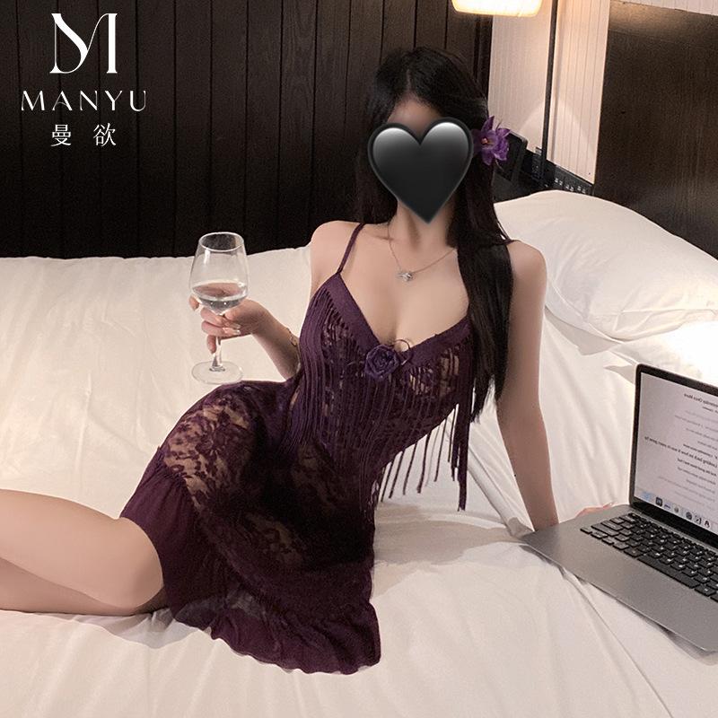 New sex underwear pure lace tassel suspender long dress mesh purple temptation 9518