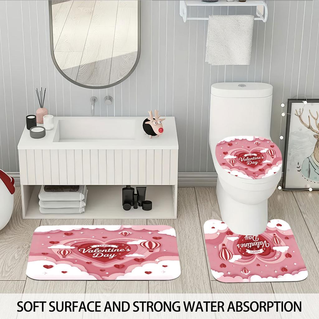 4pcs Valentine's Day Pink Romantic Love Printed Bathroom Set Waterproof Shower Curtain Floor Mat U-shaped Toilet Mat
