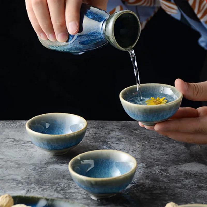 Jarra de Sake Vintage Japonesa Cerámica Azul Cambio de Horno Copa de Vino Dispensador de Vino Shochu para el Hogar Restaurante de Sushi Utensilios para Beber Regalos