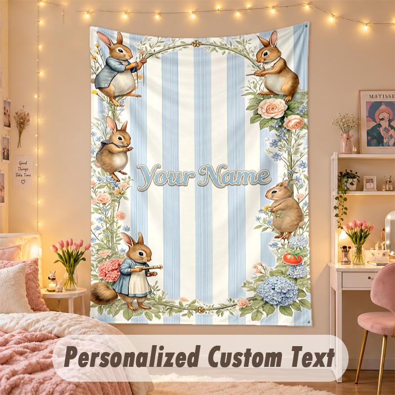 Custom Personalized Tapestry,Peter Rabbit Print Custom Name Text Wall Art Hanging for Bedroom