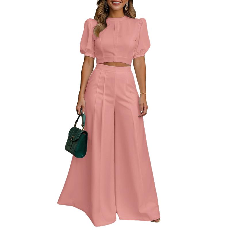 ZANZEA Women Short Sleeve Cropped Tops and Wide Leg Pants Two Piece Suit Sets