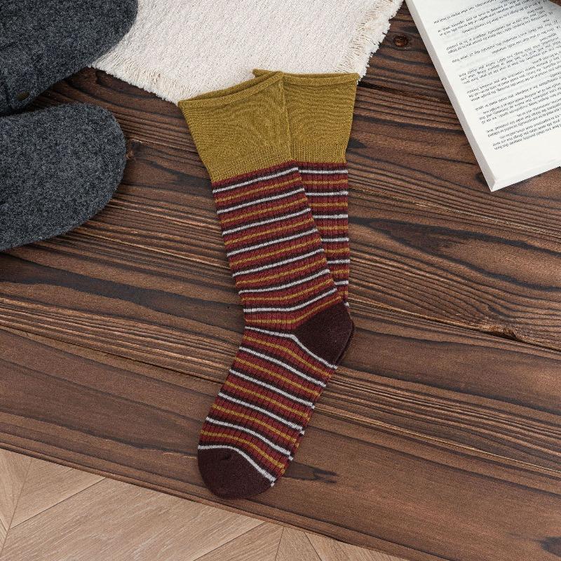 Autumn and Winter Color-blocking, Artistic and Retro Striped Mid-calf Socks for Women's Fashion, Pile Socks