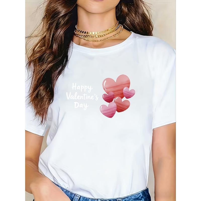 

European Size Valentine S Day Limited Women S T-Shirt | Gradient Heart Print, Regular Fit, Round Neck, Short Sleeve, Elegant and Lightweight Fabric S белый