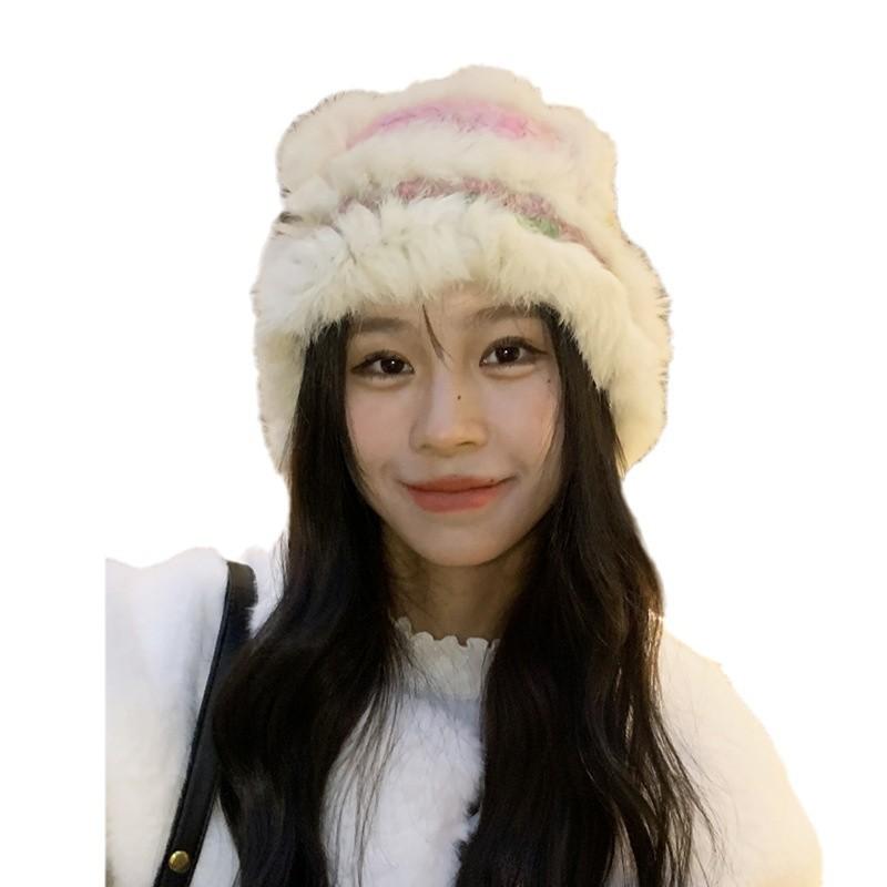 Real Rabbit Fur Hat Female Winter Warm Hairy Lion Hat Versatile Face Small Knitted Wool Hat Plush Cold Hat