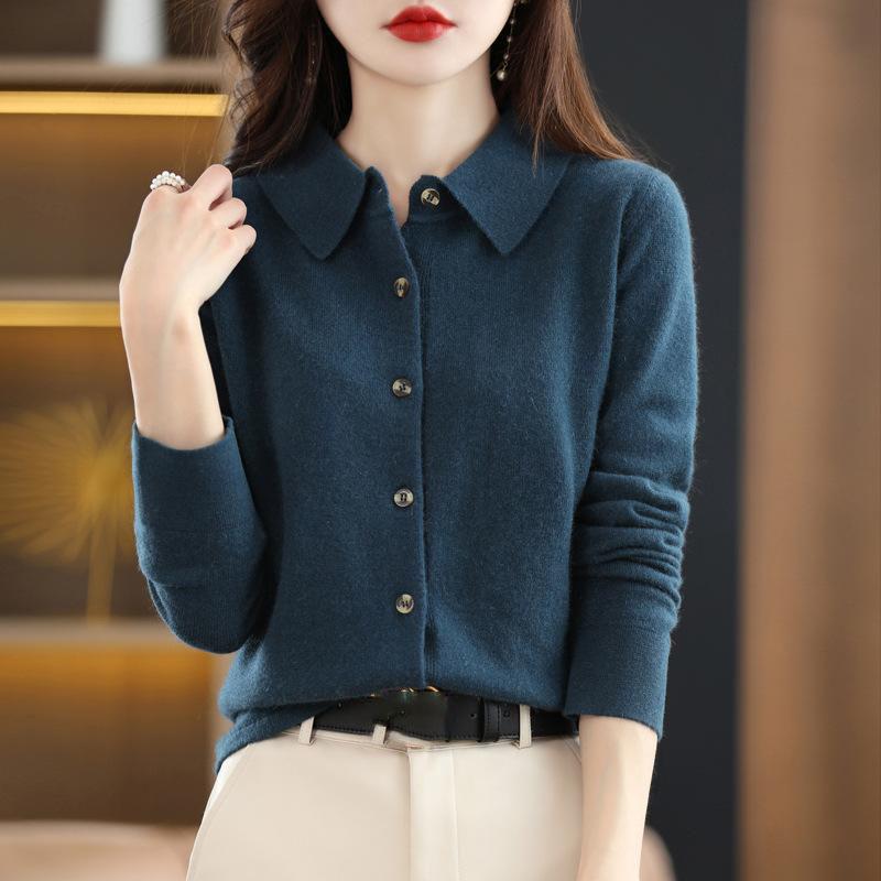 Women's Collar Knitted Cardigan Basic Versatile Top Spun Wool Jacket Elegant Single Breasted Sweater