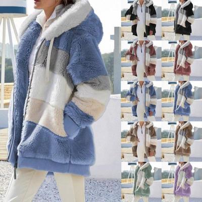 Autumn and Winter Warm Plush Patchwork Zipper Pockets with Hood Loose Jacket for Women