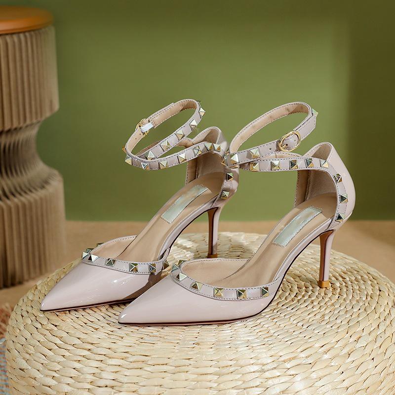 Women s Sexy Riveted Patent Leather Open-Toe Stilettos - 2025 Summer Collection 34