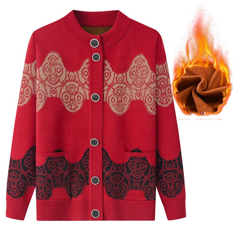 

Зимний флисовый утолщенный модный свитер для женщин среднего и пожилого возраста, одежда для мам с принтом, вязаный свитер, темперамент, элегантная одежда для пожилых людей XL красный