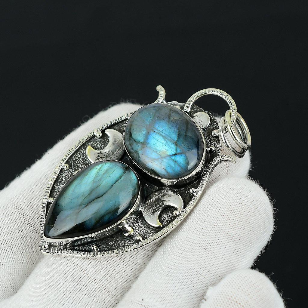 Wisiorek z niebieskiego labradorytu, wisiorek leczniczy, wisiorek ze srebra próby 925, podwójny wisiorek z kamieniem szlachetnym, naturalny wisiorek jubilerski na prezent