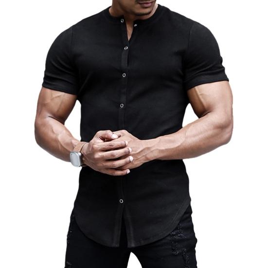 Men Summer Shirt Stand Collar Solid Color Slim Fit Short Sleeve Single-breasted Soft Breathable Cardigan Mid Length Men Top