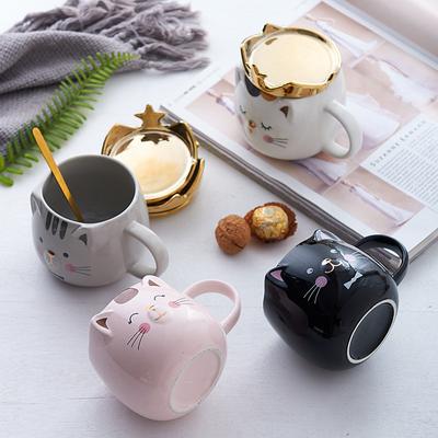 500 ml Kaffeetasse mit Cartoon-Tierkrone und Katze, mit Deckel und Löffel, Keramiktasse, Paartasse, Keramiktasse, Trinkgeschirr für zu Hause, Tasse
