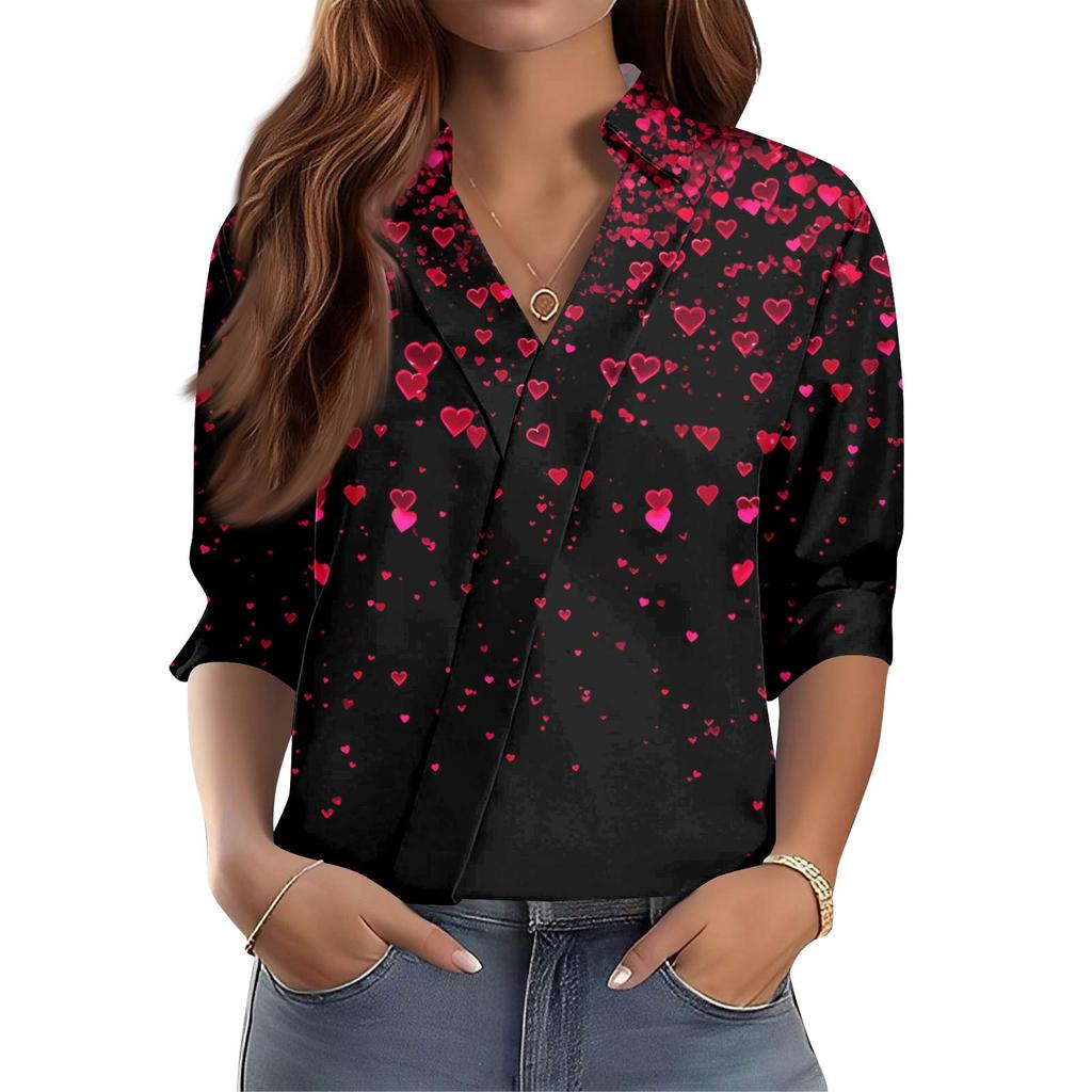 Damen 3/4-Ärmel V-Ausschnitt Hemd Bedruckte Arbeitskleidung Lässig Regulär Hemdkragen Oberteil