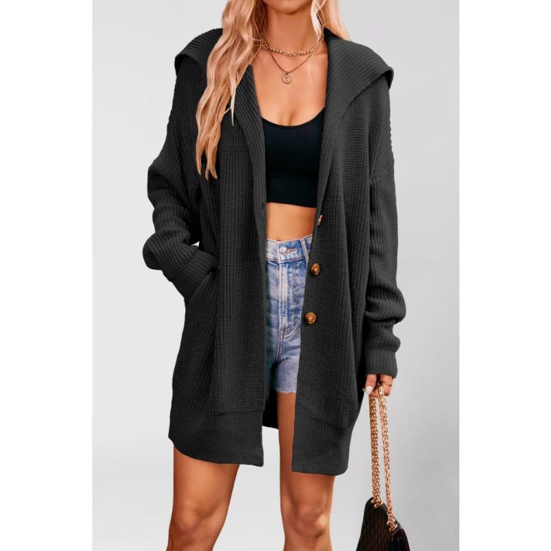 

Autumn and winter women s clothing new solid color lapel pocket cardigan three-button medium and long sweater jacket S чёрный