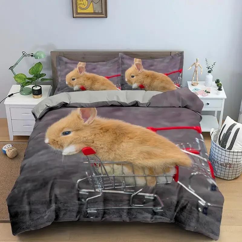 Cartoon Rabbit King Queen Duvet Cover Pet Animal Carrot Bedding Set for Kids Easter Theme Bule Polyester Quilt Cover