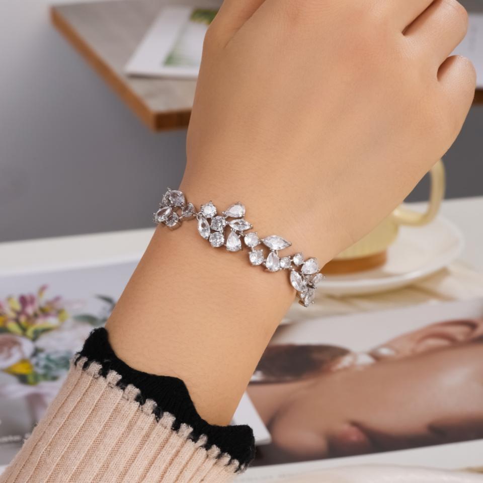 ZAKOL Shiny Marquise Cut Cubic Zirconia Silver Color Leaf Shape Chain Bracelet Bangle for Women Brides Wedding Party Jewelry