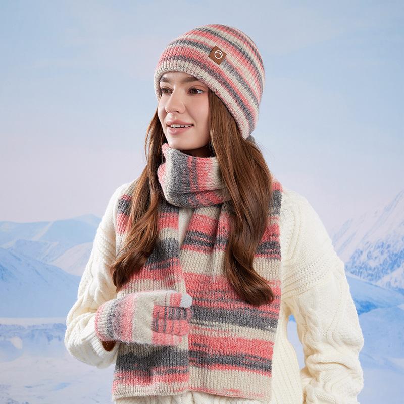 Winter Outdoor Warm Fashion Knitted Hat Women's Gloves Hat Scarf 3-Piece Set