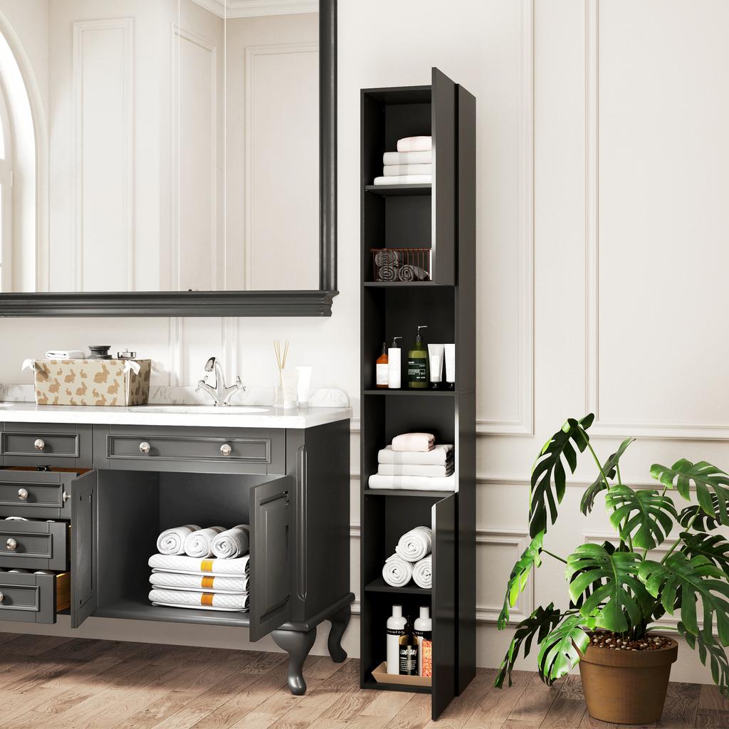 Bathroom Column Cabinet, 2 Cupboards, Adjustable Shelves, 2 Niches, 30 x 30 x 181.5 cm, Black