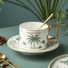 Ceramic Flower Coffee Cup Ocean Pattern Gold Handle Water Cup with Dish Home Milk Oatmeal Coffee Cup Home Drinking Utensils