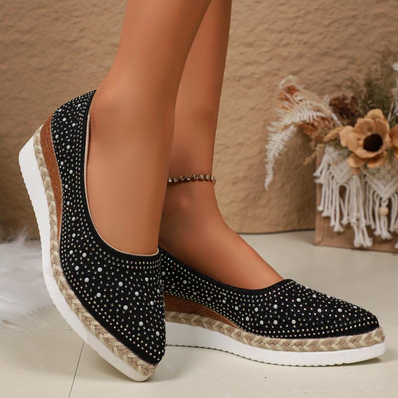 Sequin Cloth Glitter Decoration Wedge Heel Pumps Women 2025 Autumn Pointed Toe High Heel Loafers Casual Soft Sole Shoes