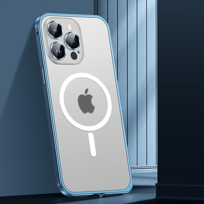 Mattierte Rückseite, magnetisches kabelloses Laden, Aluminium-Metall-Stoßstangenhülle für iPhone 12 13 14 Pro Max, Objektiv-Glasschutzfolie