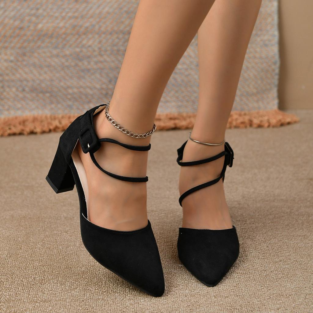 2025 New Spring Autumn Women Heels Ankle Cross Strap Thick High Heel Sexy Female Shoes Casual Suede Black Pointed Toe Pumps